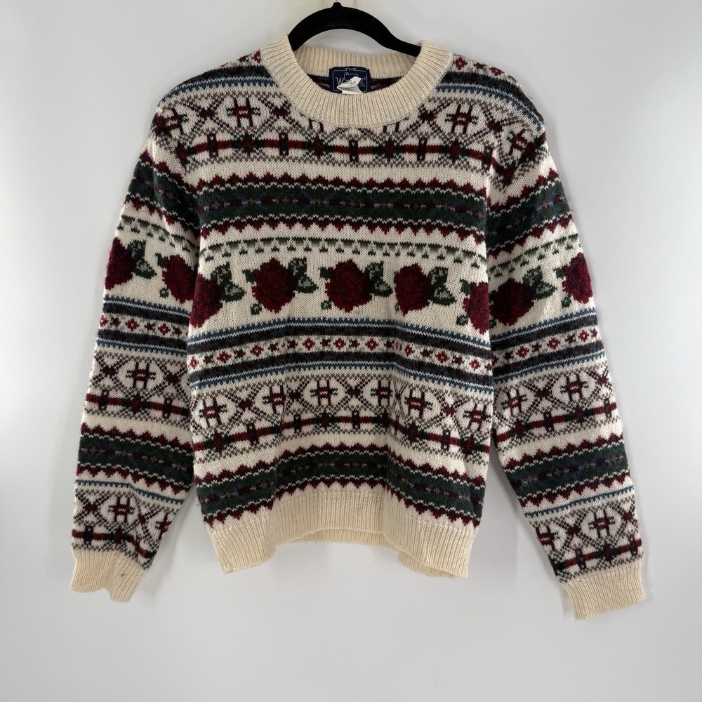 Woolrich Women's Medium Sweater 100% Wool Floral Boy Girl Chunky